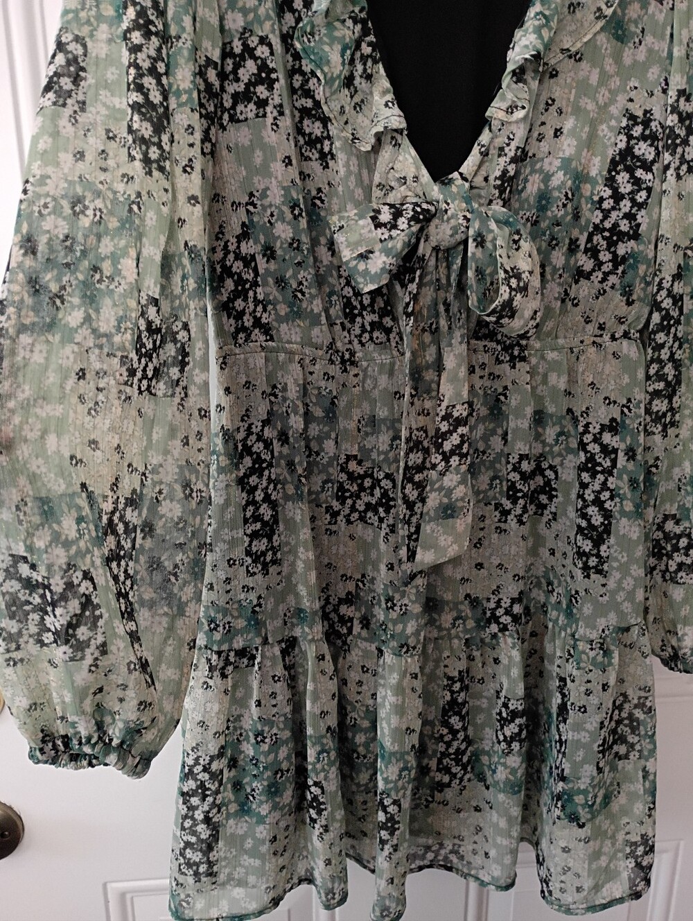 Sheer Floral Tie-Neck Blouse in Sage Green